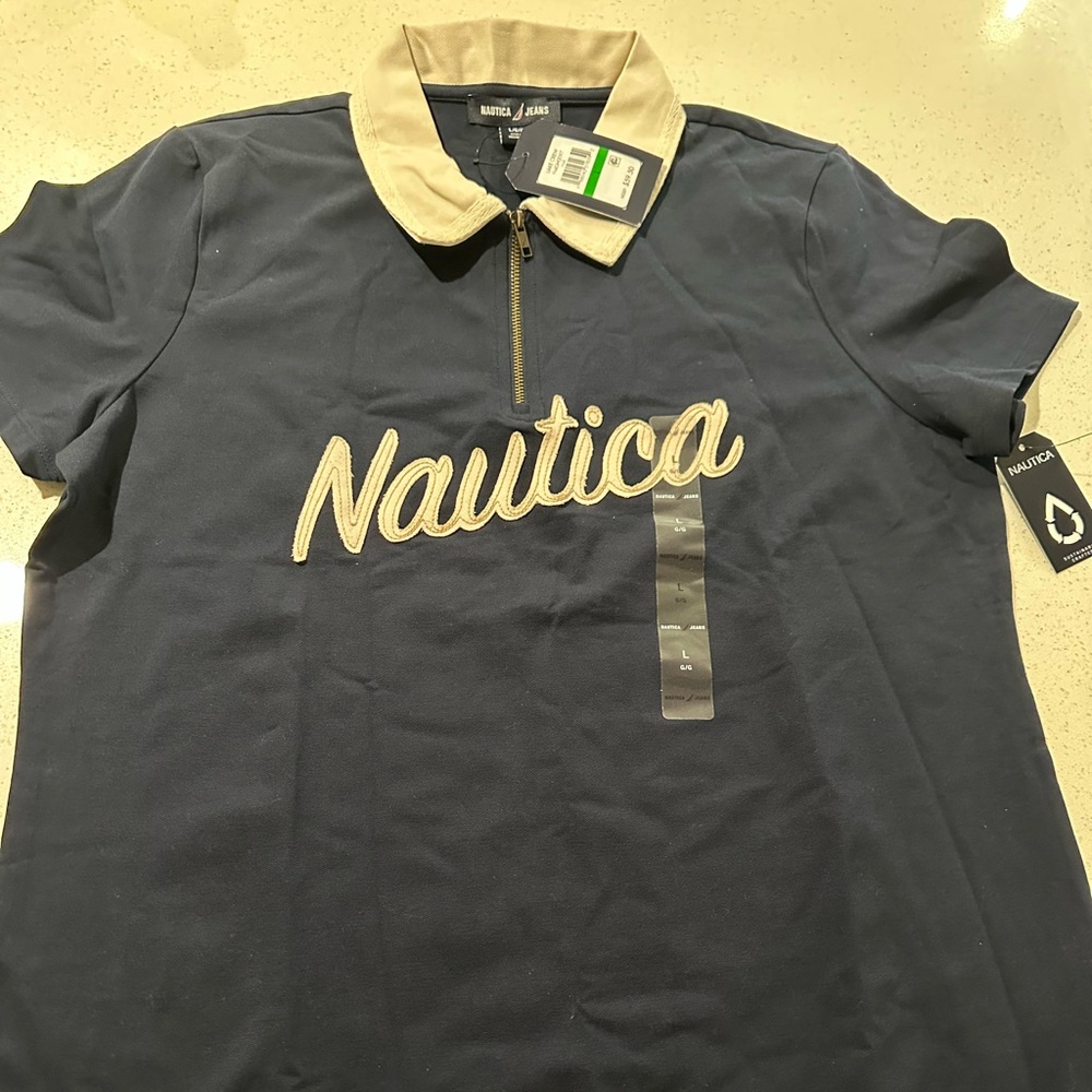Nautica Blue lake crew Shirt with Tan Collar